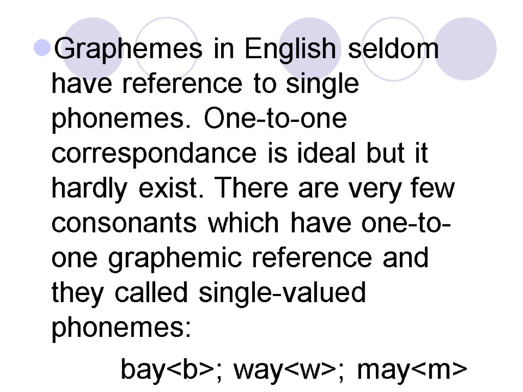 Graphemes in English seldom have reference to single phonemes. One-to-one correspondance is ideal but
